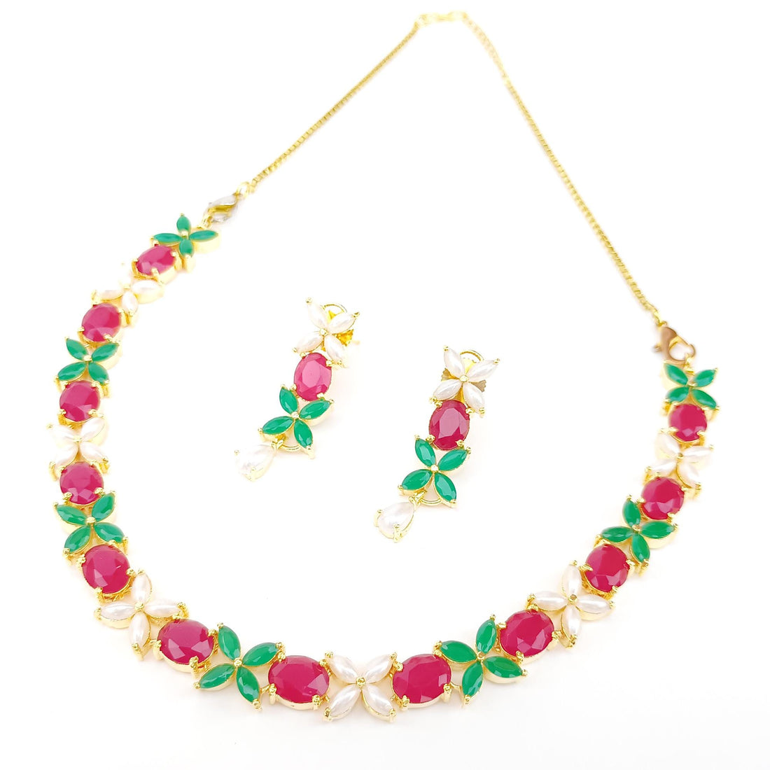 22K Gold Plated Indian Wedding Necklace Set for Women |Ruby Emerald & Pearl Bridal Jewellery |Traditional Party Wear Necklace |Gift for Her — 3