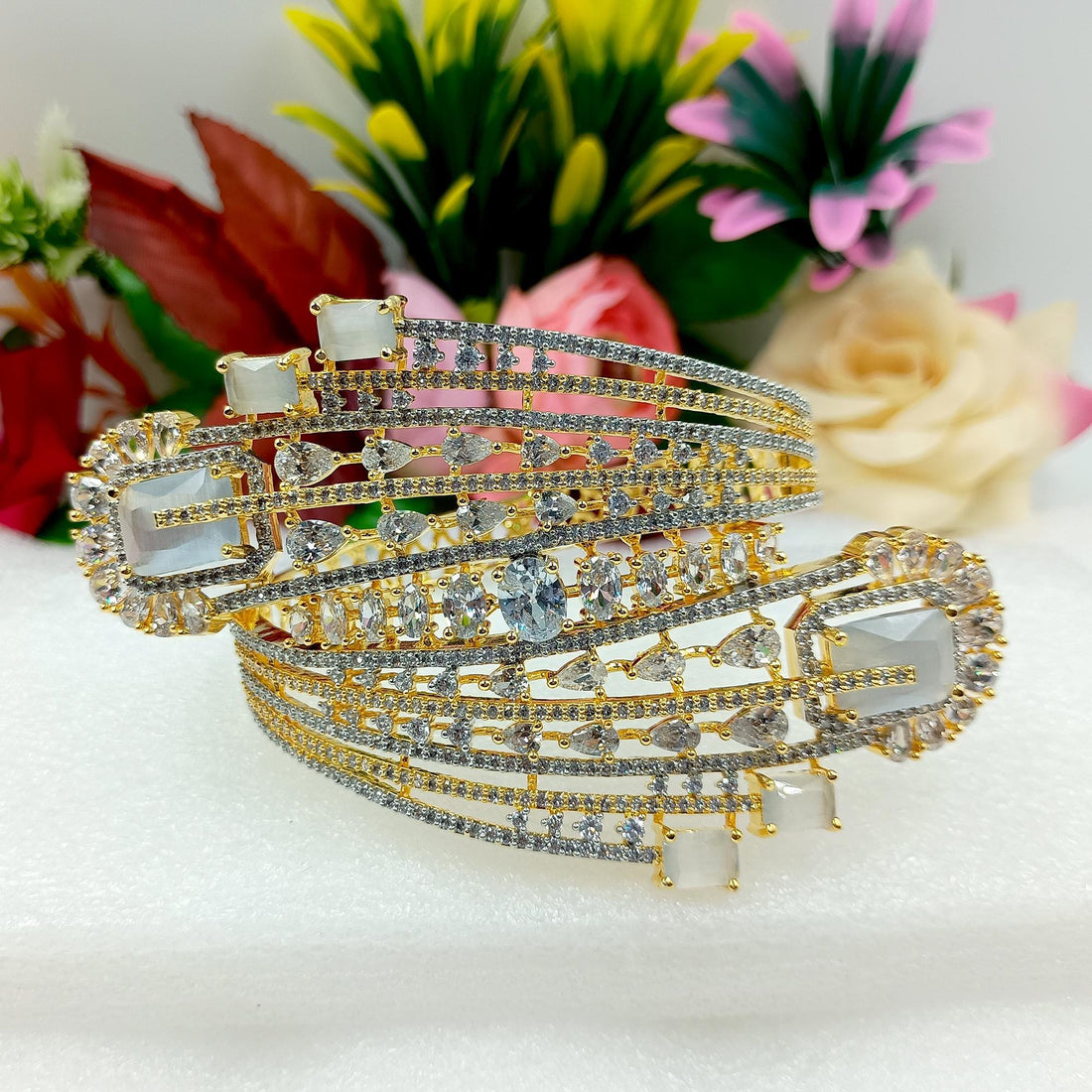 Gold Plated Moonstone CZ Bracelet | Indian Bridal Cuff Bangle | CZ Pave Statement Jewelry | Wedding Party Wear Bracelet | Gift for Women — 3