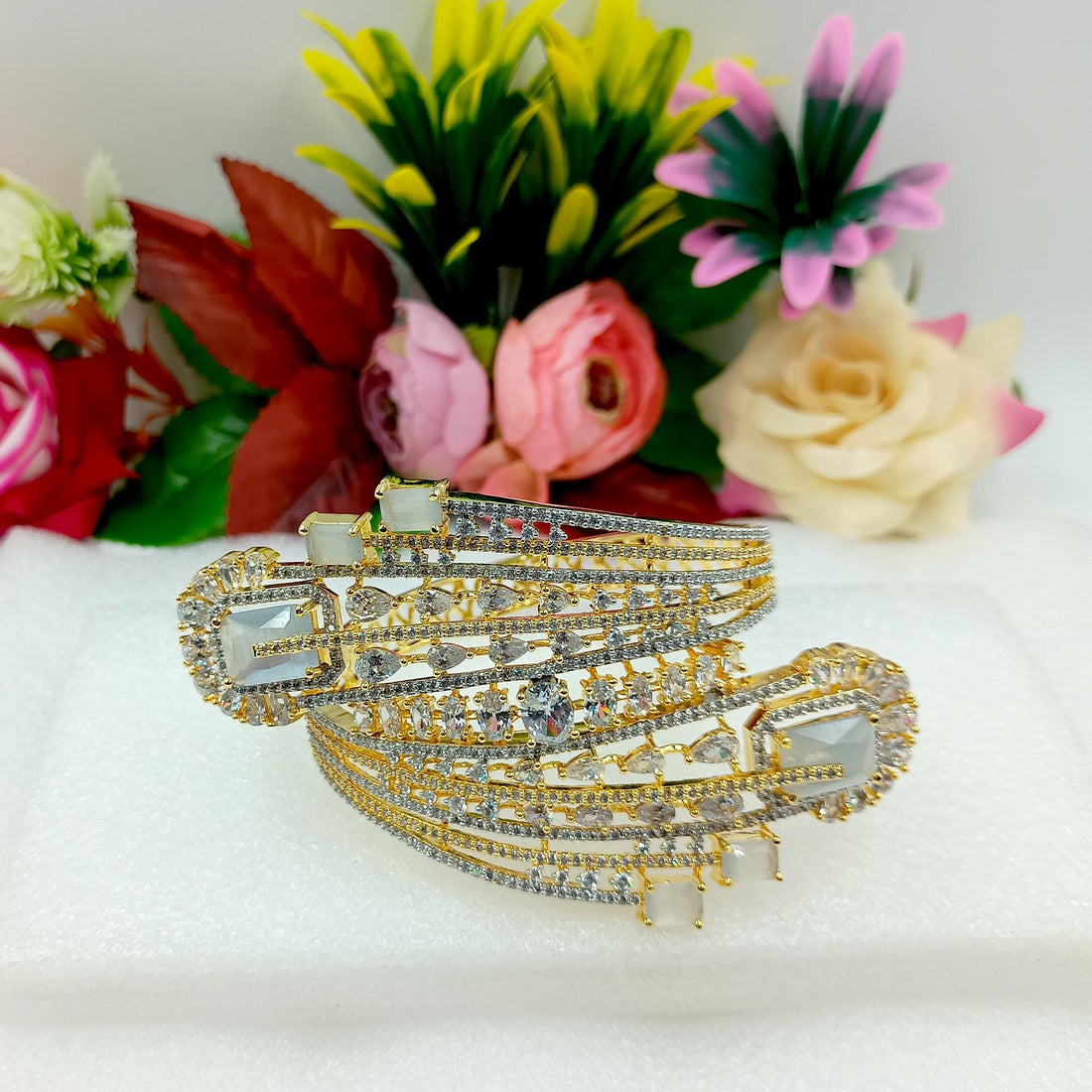 Gold Plated Moonstone CZ Bracelet | Indian Bridal Cuff Bangle | CZ Pave Statement Jewelry | Wedding Party Wear Bracelet | Gift for Women — 5