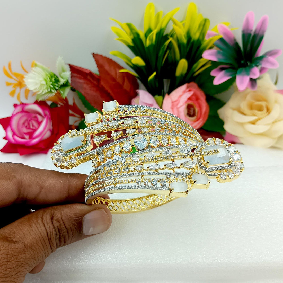 Gold Plated Moonstone CZ Bracelet | Indian Bridal Cuff Bangle | CZ Pave Statement Jewelry | Wedding Party Wear Bracelet | Gift for Women — 2
