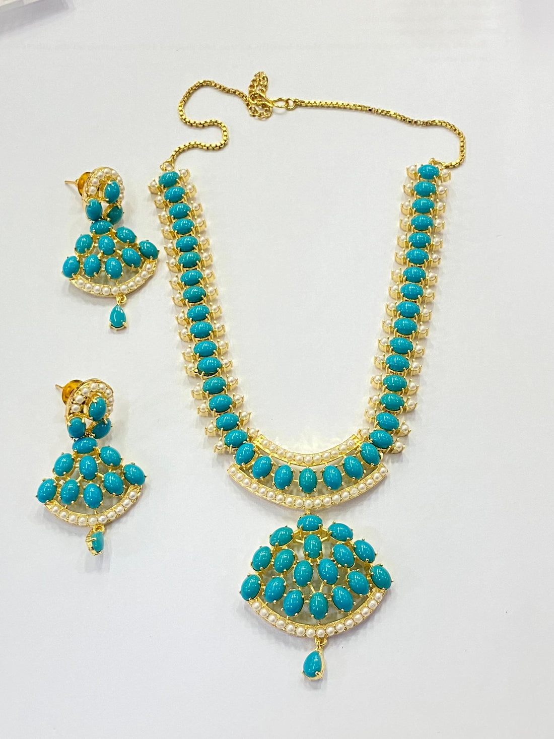 Sky Blue Arizona Turquoise & Pearl Necklace Set | Gold Plated Blue Necklace | Bridal Wedding Jewelry | Party Wear Necklace | Gift for Her — 6