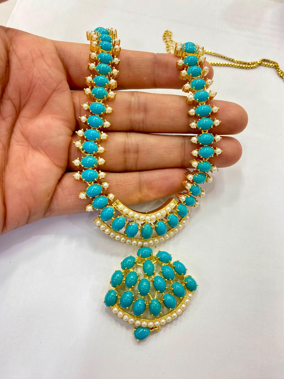 Sky Blue Arizona Turquoise & Pearl Necklace Set | Gold Plated Blue Necklace | Bridal Wedding Jewelry | Party Wear Necklace | Gift for Her — 4
