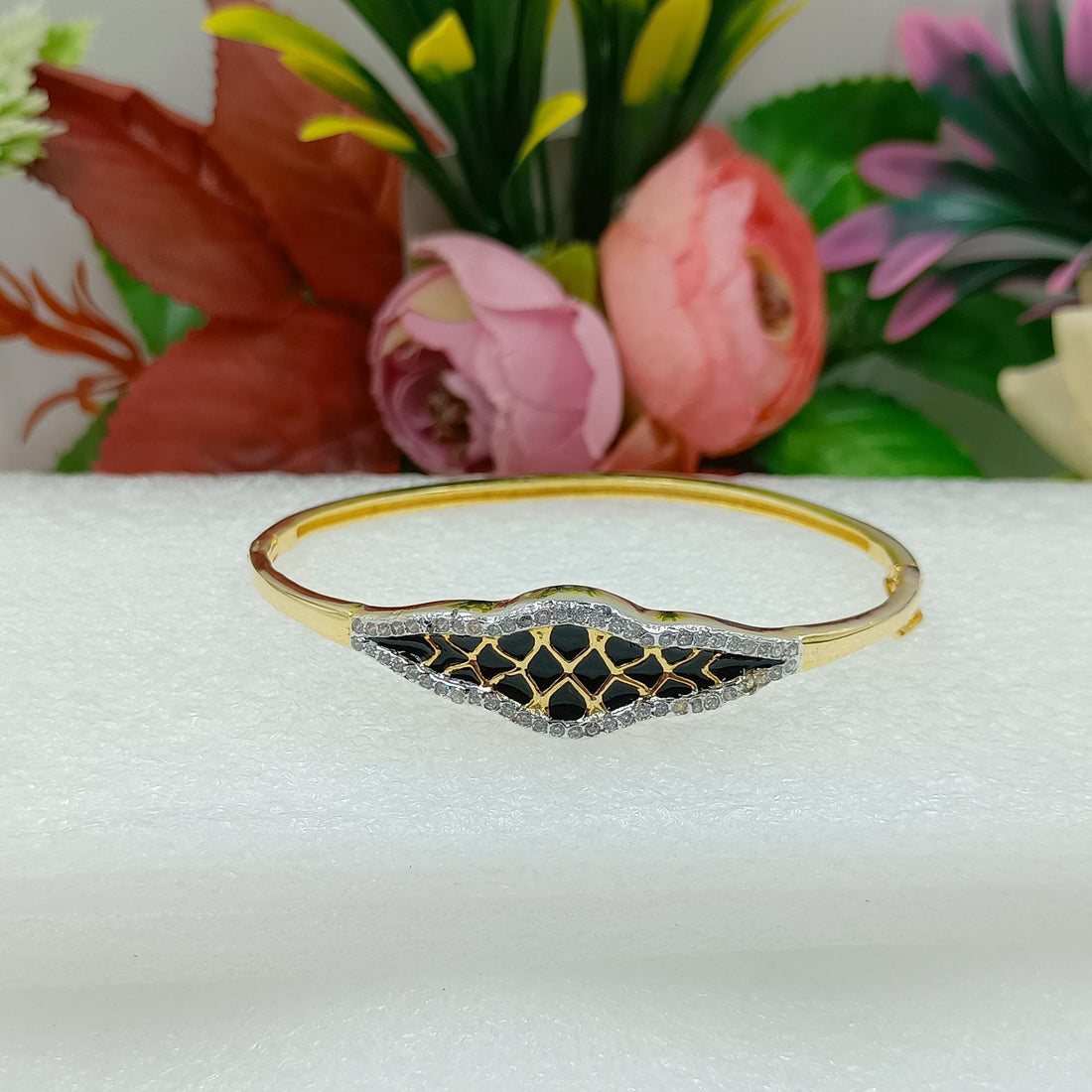 Gold Plated Black Enamel CZ Bracelet | Indian Kada Bangle with Black Onyx Stone | Statement Party Wear Jewelry | Gift for Women — 2