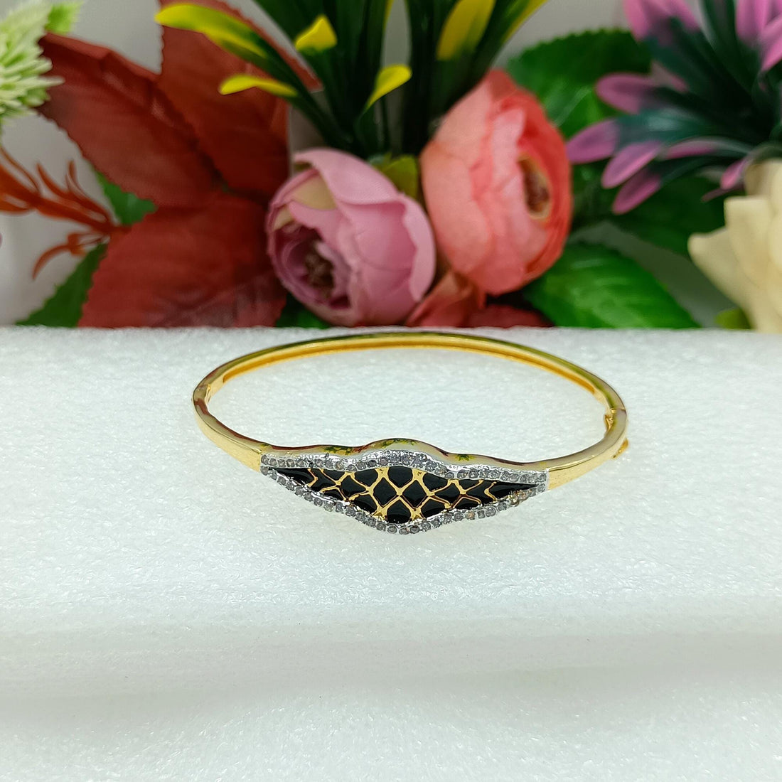 Gold Plated Black Enamel CZ Bracelet | Indian Kada Bangle with Black Onyx Stone | Statement Party Wear Jewelry | Gift for Women — 3
