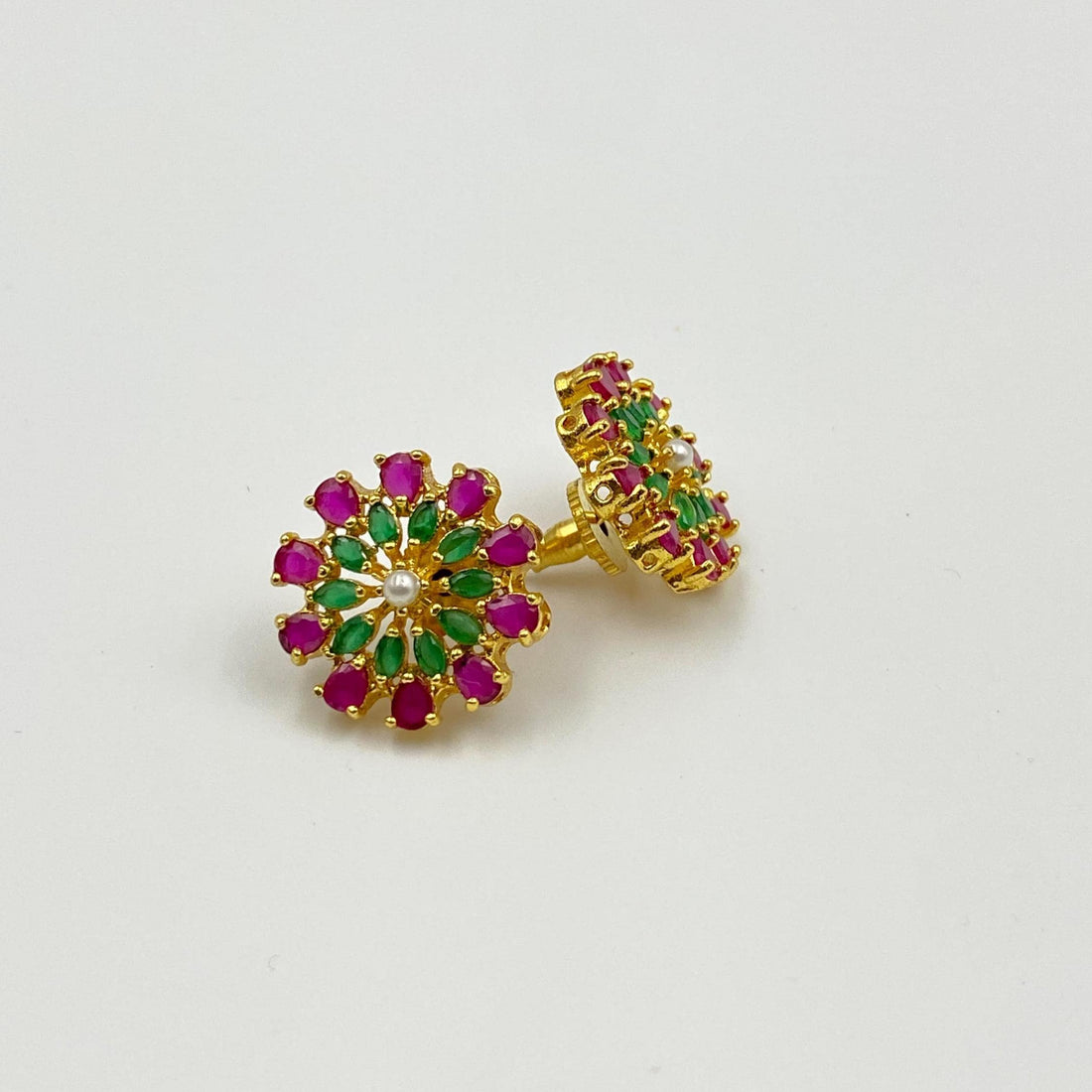 Handcrafted Ruby Green Floral Stud Earrings | Gold-Plated Jewelry | Festive Statement Ear Studs — 4
