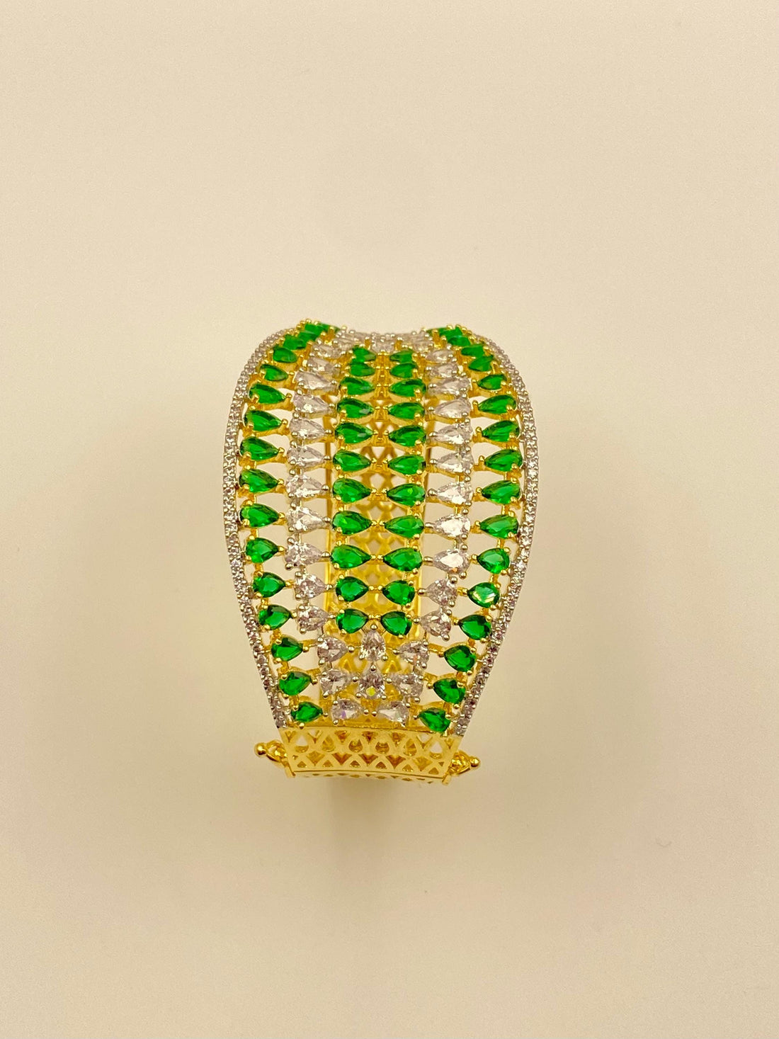 Emerald Teardrop Cuff Bracelet Gold Plated, Crystal Accents, Wide Statement Bangle, Handmade Jewelry, Bridesmaid & Special Occasion Gift β 4