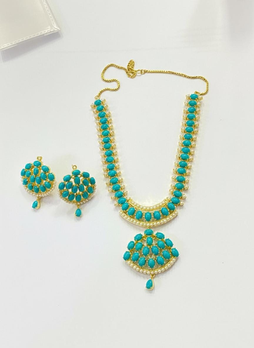 Sky Blue Arizona Turquoise & Pearl Necklace Set | Gold Plated Blue Necklace | Bridal Wedding Jewelry | Party Wear Necklace | Gift for Her — 8