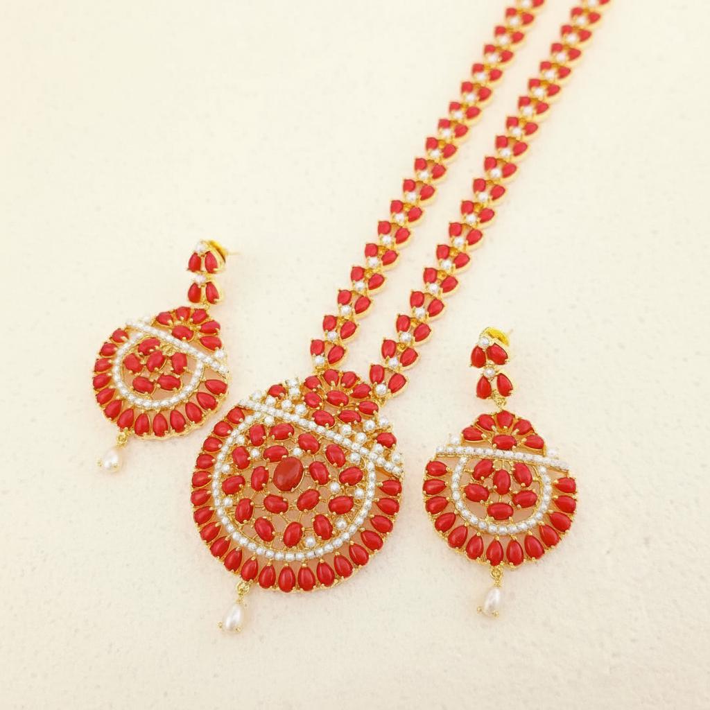 Coral & Pearl Long Necklace Set | 22K Gold Plated South Indian Bridal Wedding Jewelry | Dual Gemstone Statement Necklace | Gift for Women — 4