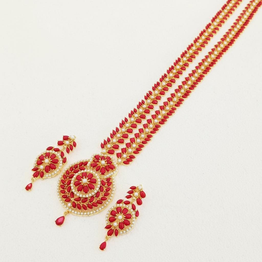 Long Coral & Pearl Necklace Set | 22K Gold Plated Indian Jewelry | Handmade Bridal Necklace | Red Coral Statement Jewelry | Pearl long Haar — 5