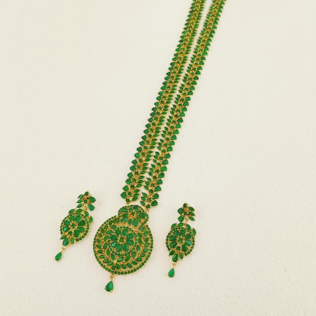 Emerald Green Long Necklace Set | 22K Gold Plated Indian Jewelry | Handmade Bridal Haar | Statement Wedding Set — 6