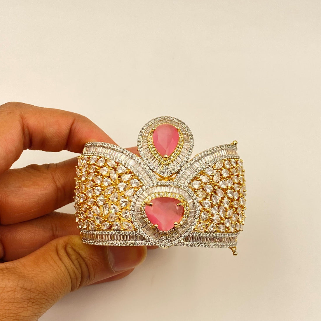 22K Yellow Gold Plated Pink Stone Bracelet | Luxury CZ Diamond Cuff | Statement Bridal Bangle | Elegant Handmade Jewelry Gift for Her — 7