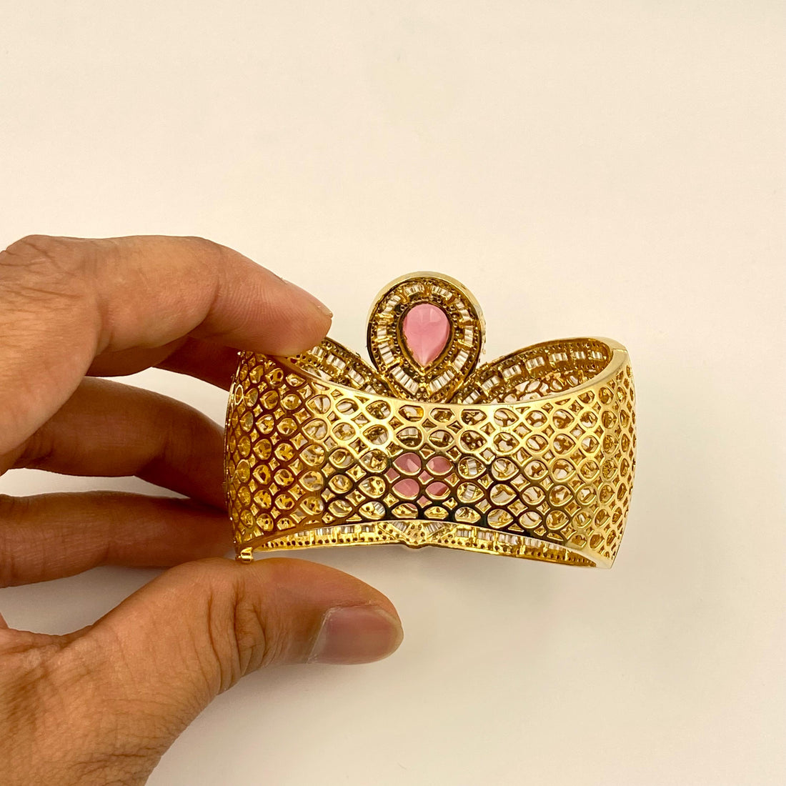 22K Yellow Gold Plated Pink Stone Bracelet | Luxury CZ Diamond Cuff | Statement Bridal Bangle | Elegant Handmade Jewelry Gift for Her — 8