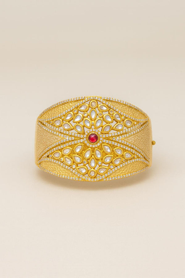22K Gold Plated Kundan Bracelet Cuffs | Ruby Stone Openable Bangle | Hand Enamel Meenakari Kada | Rajasthani Traditional Indian Jewelry