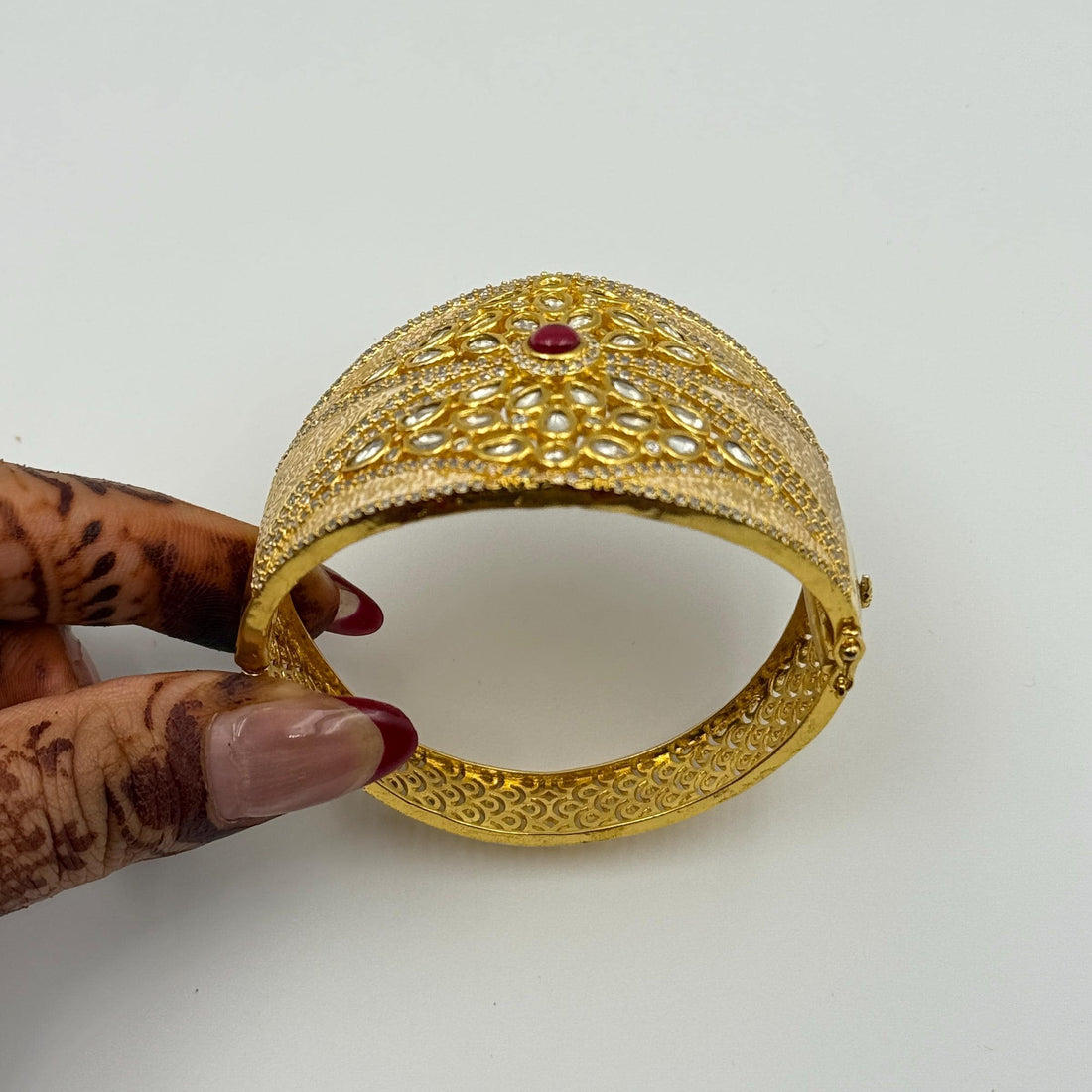 22K Gold Plated Kundan Bracelet Cuffs | Ruby Stone Openable Bangle | Hand Enamel Meenakari Kada | Rajasthani Traditional Indian Jewelry — 5