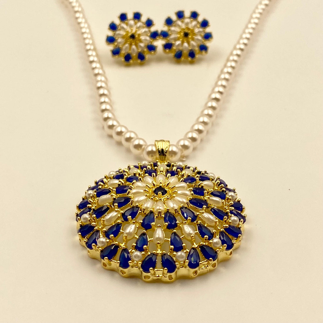 Gold Plated Blue Sapphire Pendant Necklace Set | Handmade Pearl Necklace with Earrings | Elegant Blue Gemstone Jewelry — 5