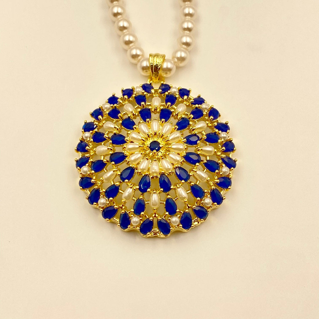 Gold Plated Blue Sapphire Pendant Necklace Set | Handmade Pearl Necklace with Earrings | Elegant Blue Gemstone Jewelry — 7