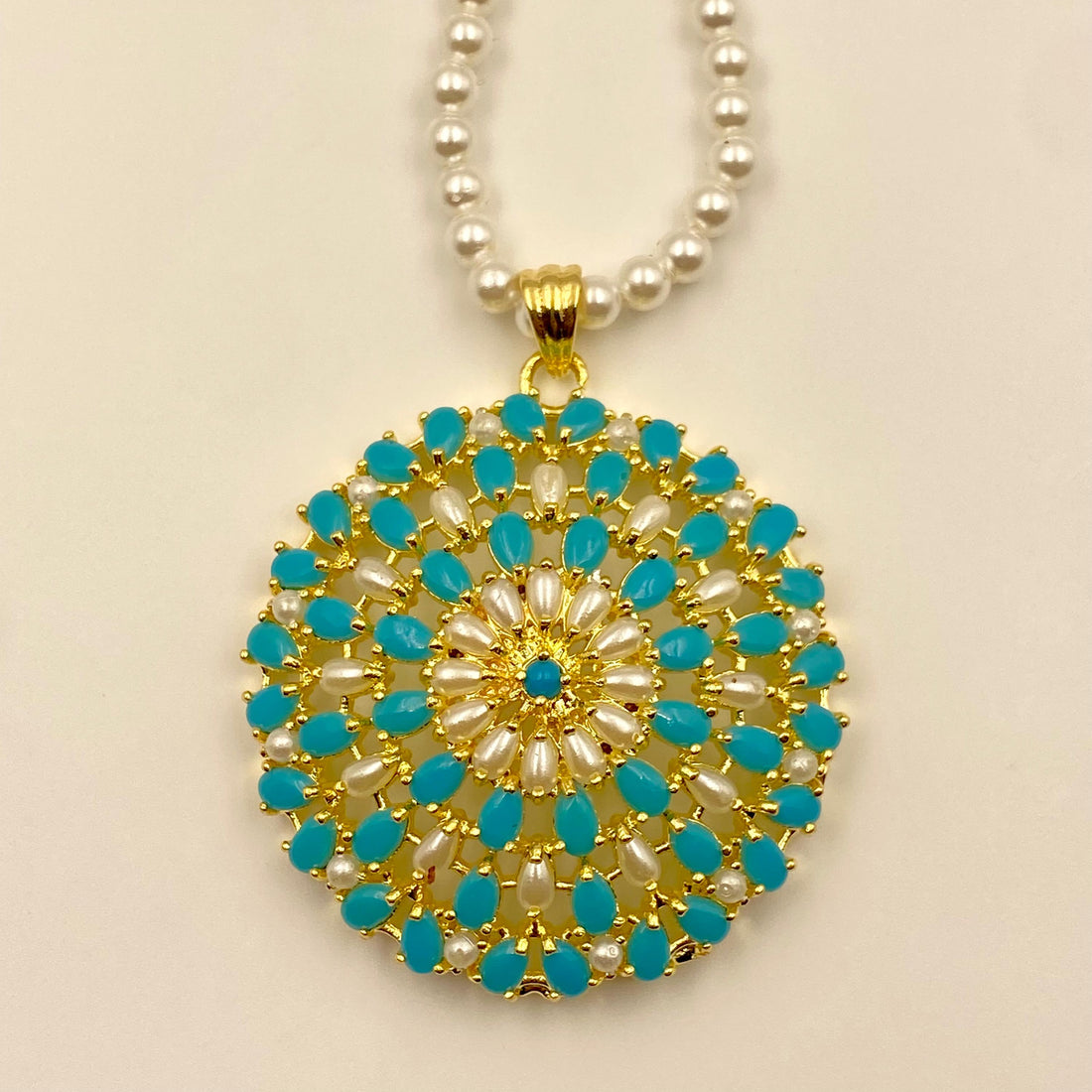 Turquoise Arizona Pendant Necklace & Earrings | Handmade Pearl Gemstone Jewelry | Sky Blue Pendant Necklace | Bridal Necklace Gift for Her — 6