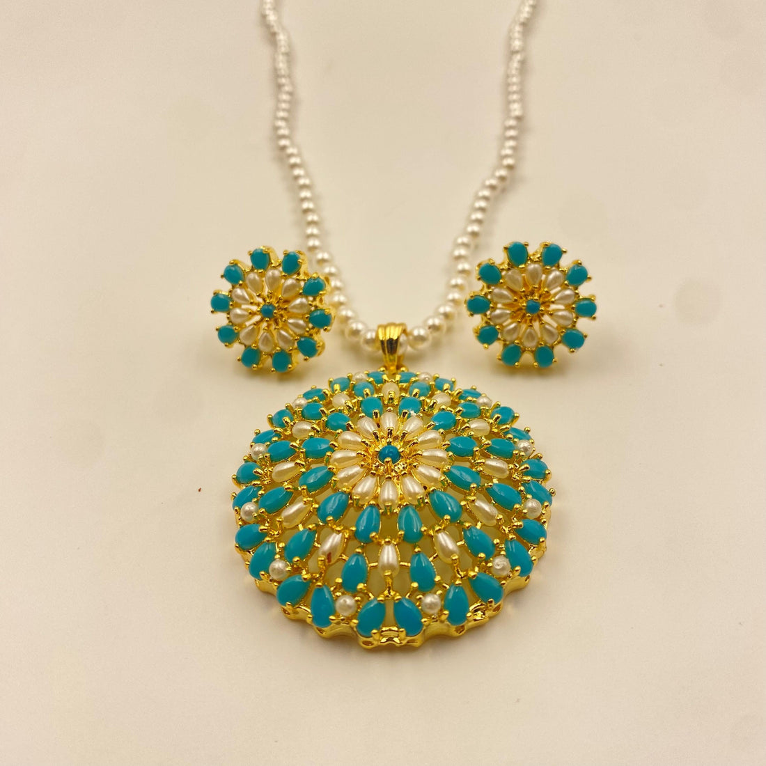 Turquoise Arizona Pendant Necklace & Earrings | Handmade Pearl Gemstone Jewelry | Sky Blue Pendant Necklace | Bridal Necklace Gift for Her — 8