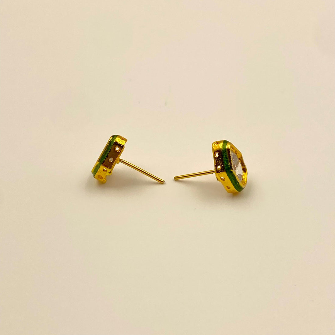 Polki Small Stud Earrings with Green Meenakari Enamel, Gold Plated Indian Earrings, Ethnic Jaipur Jewelry, Handmade Bridal Studs for Women β 4