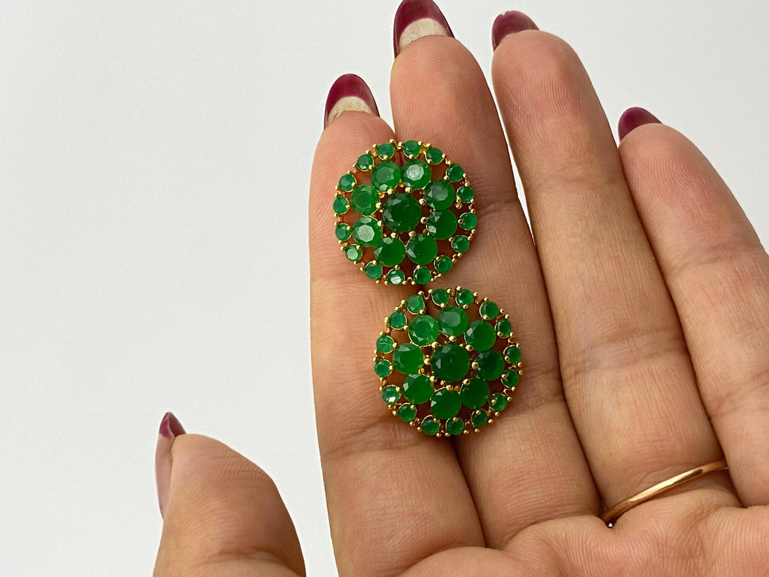 Handcrafted Premium Green Onyx Floral Stud Earrings | Gold-Plated Jewelry | Elegant Statement Gold Ear Studs — 3