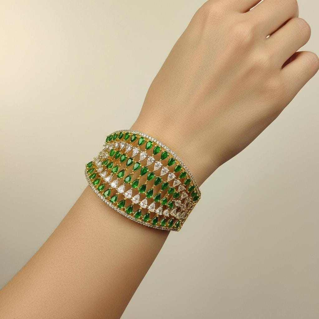 Emerald Teardrop Cuff Bracelet Gold Plated, Crystal Accents, Wide Statement Bangle, Handmade Jewelry, Bridesmaid & Special Occasion Gift β 2