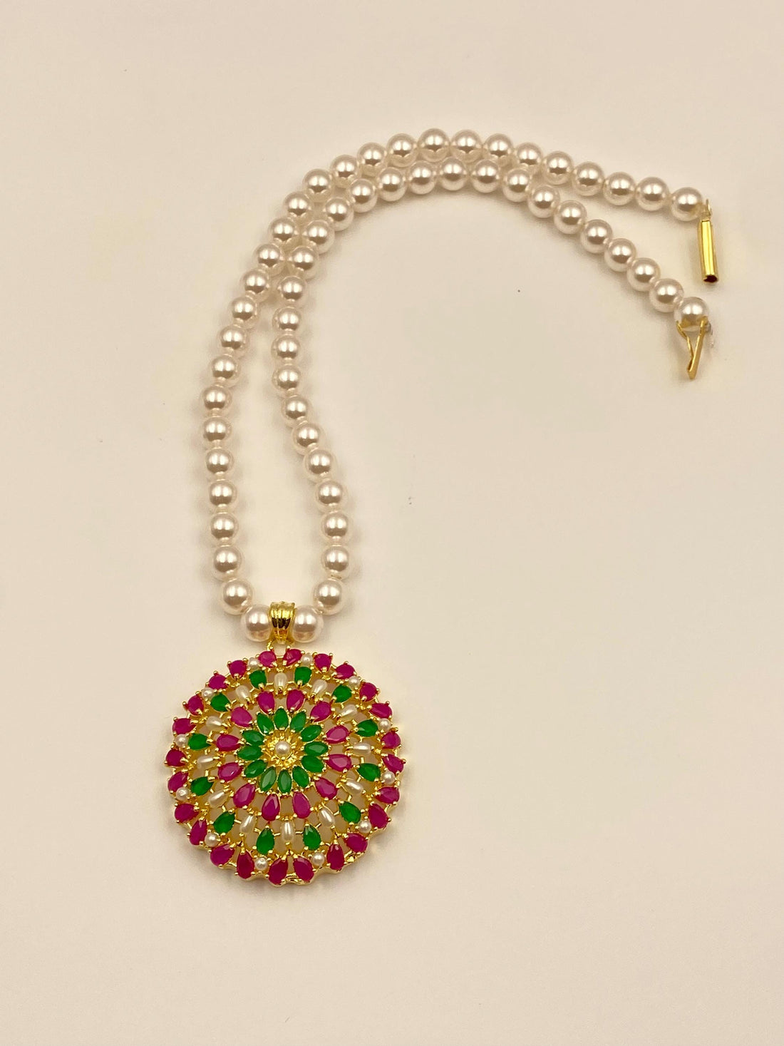 Handmade Pearl Beaded Pendant Necklace & Earrings | 22K Gold Plated Ruby Emerald Jewelry | South Indian Bridal Wedding Necklace — 5