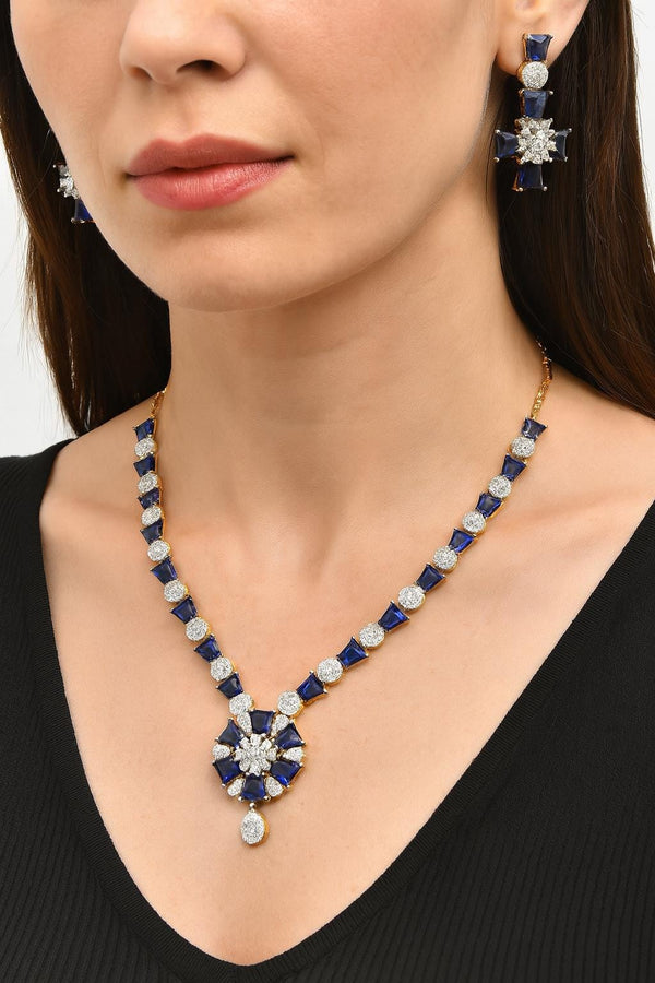 Blue Sapphire Gemstone Necklace Set | Wedding Bridal Silver Tone Handmade Dainty | Party Earrings Statement Jewelry | Indian Wedding Set