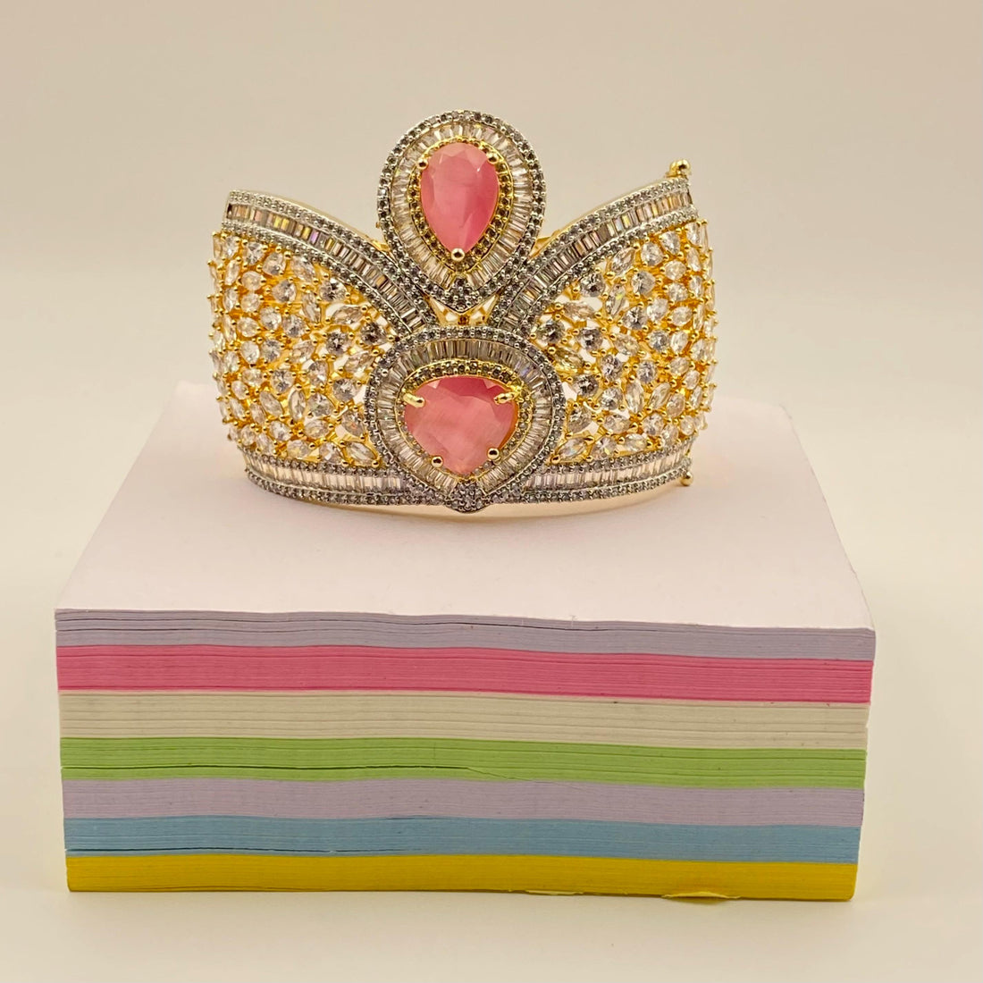 22K Yellow Gold Plated Pink Stone Bracelet | Luxury CZ Diamond Cuff | Statement Bridal Bangle | Elegant Handmade Jewelry Gift for Her — 2