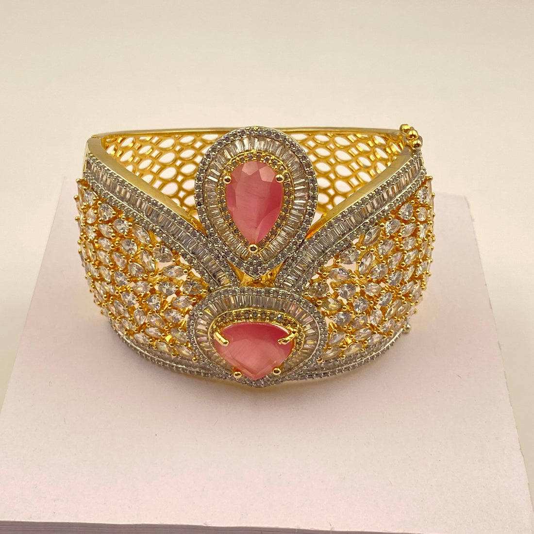22K Yellow Gold Plated Pink Stone Bracelet | Luxury CZ Diamond Cuff | Statement Bridal Bangle | Elegant Handmade Jewelry Gift for Her — 3
