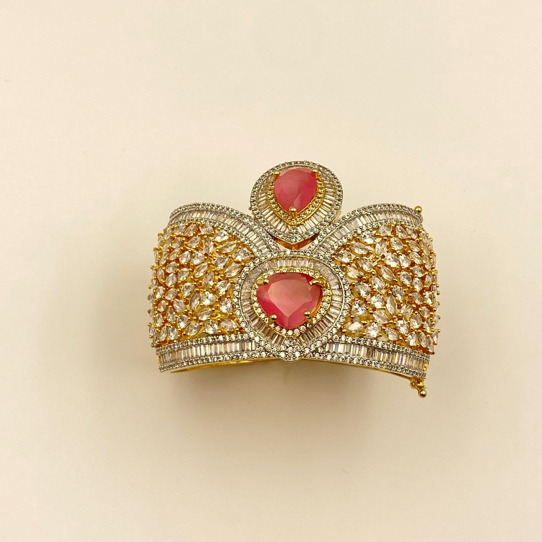 22K Yellow Gold Plated Pink Stone Bracelet | Luxury CZ Diamond Cuff | Statement Bridal Bangle | Elegant Handmade Jewelry Gift for Her — 4