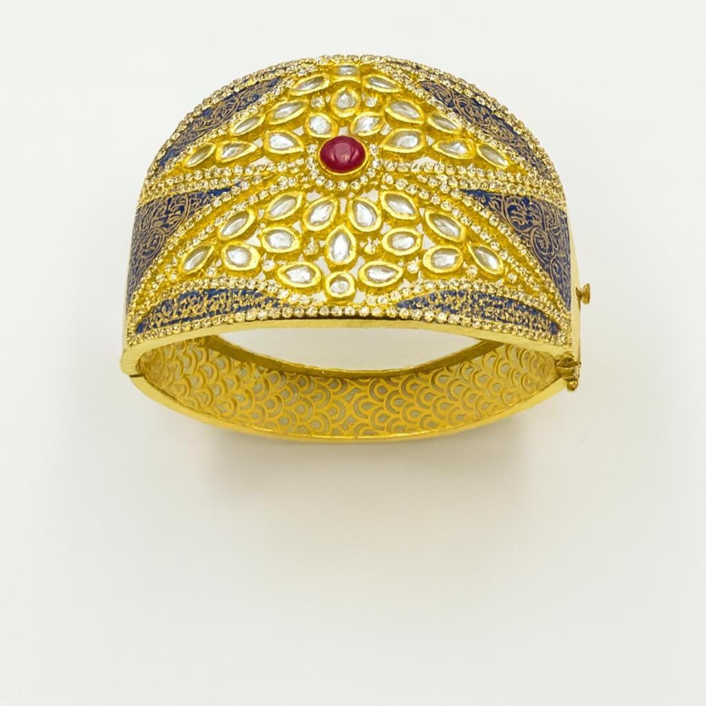 22K Gold Plated Kundan & Blue Meenakari Openable Bracelet | Rajasthani Handcrafted Jewelry | Traditional Cuff | Wedding Enamel jewelry — 2