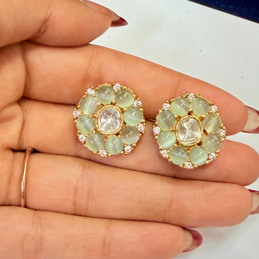 Kundan Polki Floral Stud Earrings | Gold Plated Round Stone Studs| Statement Indian Jewelry | Festive Wedding Earrings | Gift For Her — 5