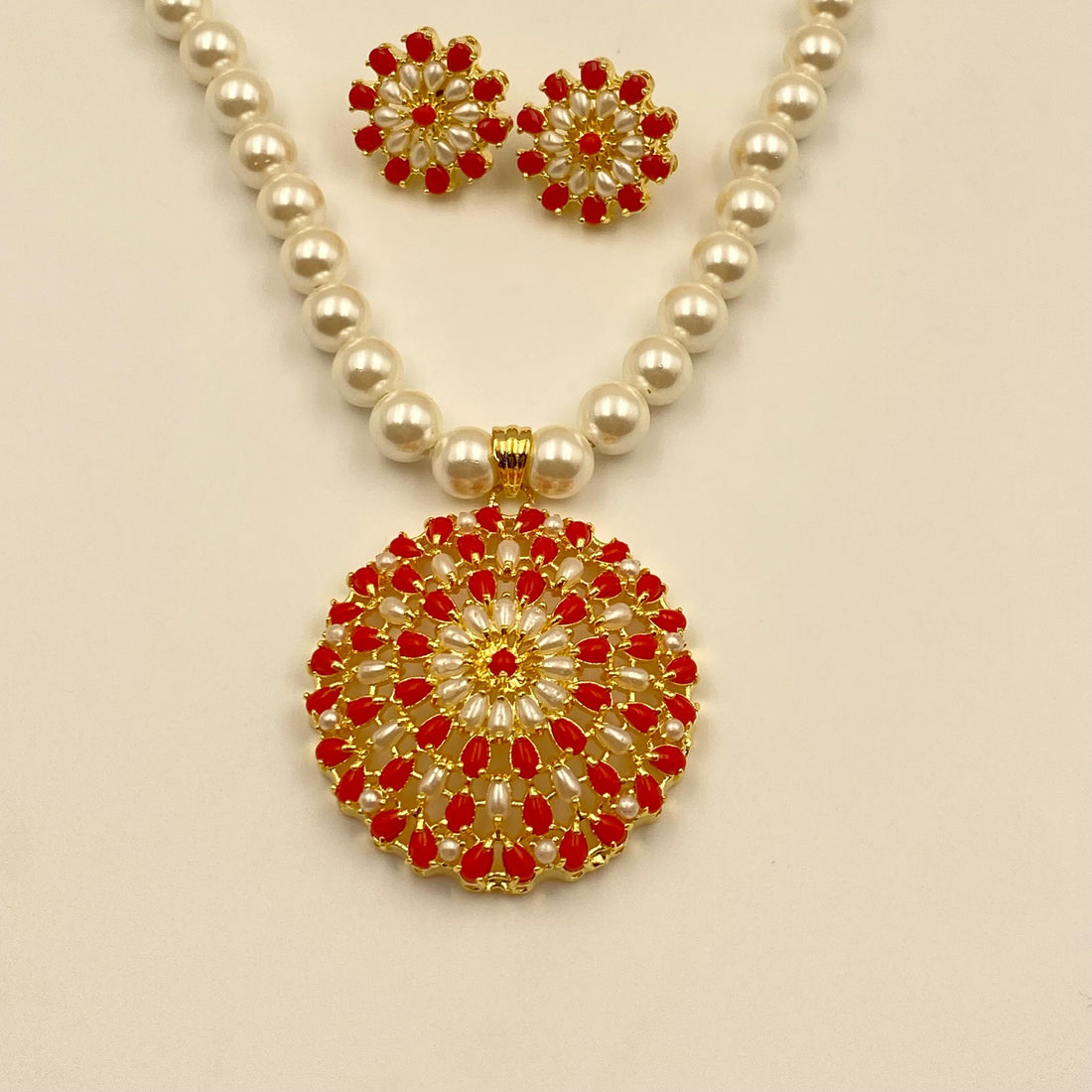 Gold Plated Coral Pearl Pendant Set | Handmade Gemstone Jewelry | Indian Ethnic Necklace Earrings Set | Bridal Wedding Jewelry |Gift for Her — 4