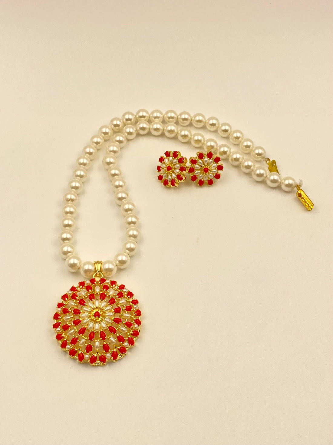 Gold Plated Coral Pearl Pendant Set | Handmade Gemstone Jewelry | Indian Ethnic Necklace Earrings Set | Bridal Wedding Jewelry |Gift for Her — 3