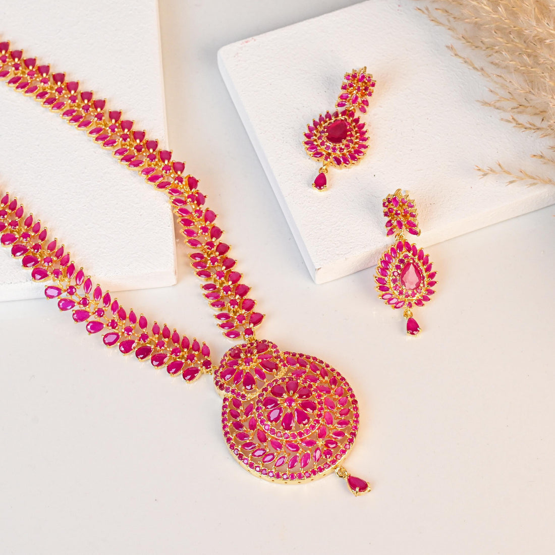 Handmade Long Ruby Necklace Set | 22K Gold Plated Indian Jewelry | Heavy Gemstone Bridal Necklace | Statement Jewelry |Gift Idea — 2
