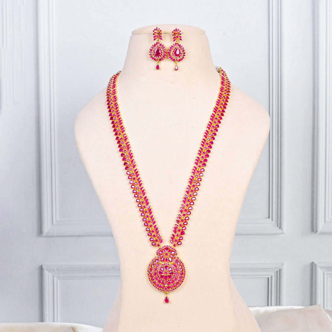 Handmade Long Ruby Necklace Set | 22K Gold Plated Indian Jewelry | Heavy Gemstone Bridal Necklace | Statement Jewelry |Gift Idea — 1