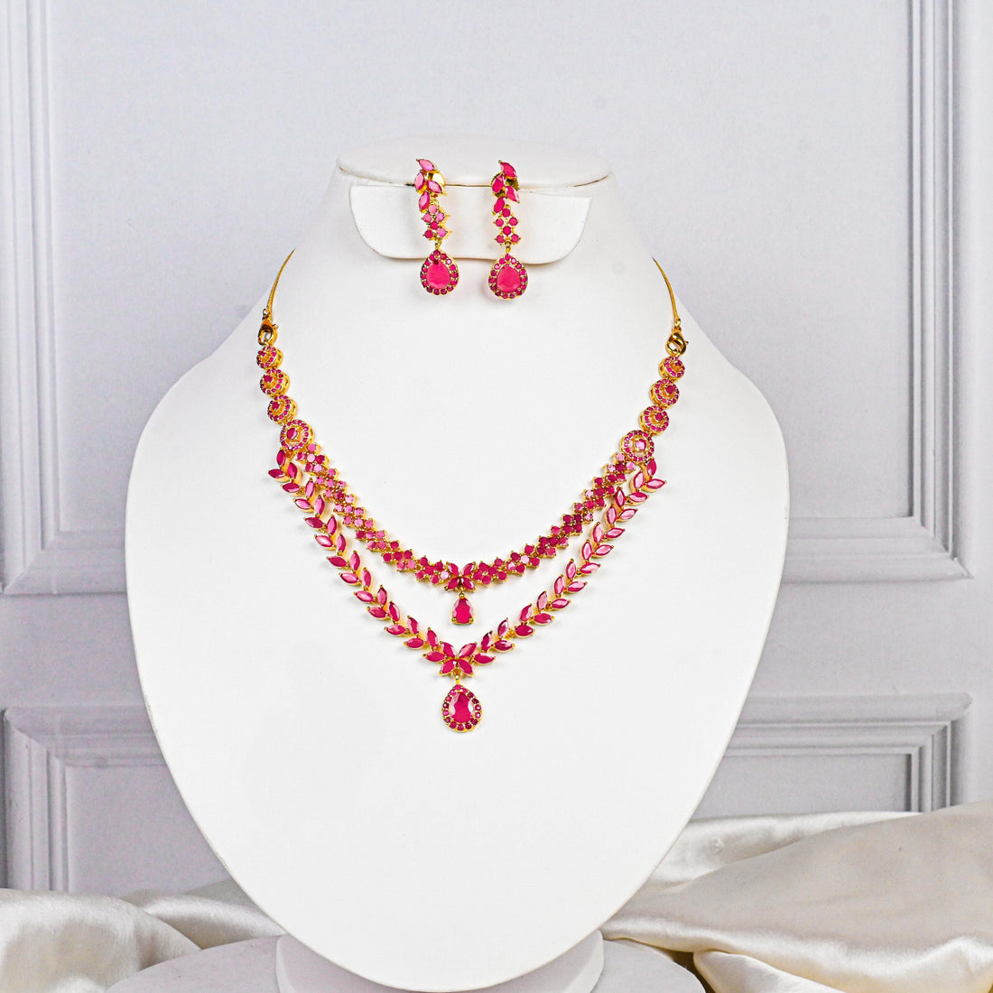 Ruby Layered Necklace Set, Designer Gold Plated Heavy Red Stone Jewelry, Premium Ruby Double Layer Necklace with earrings, Anniversary Gift — 1