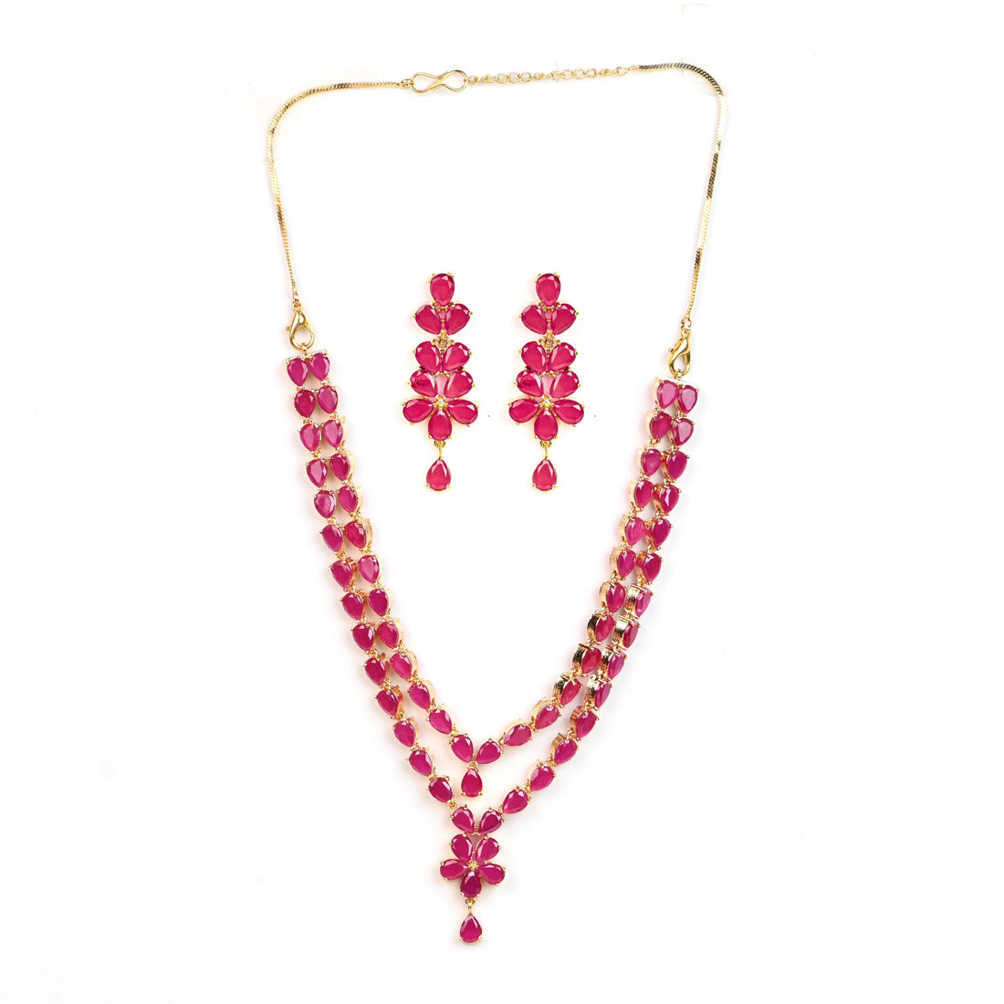 22K Yellow Gold Plated Ruby Red Designer Two Layered Necklace Set with Earrings | Wedding Jewelry | Gift For Her | Bridal Jewelry Set — 2