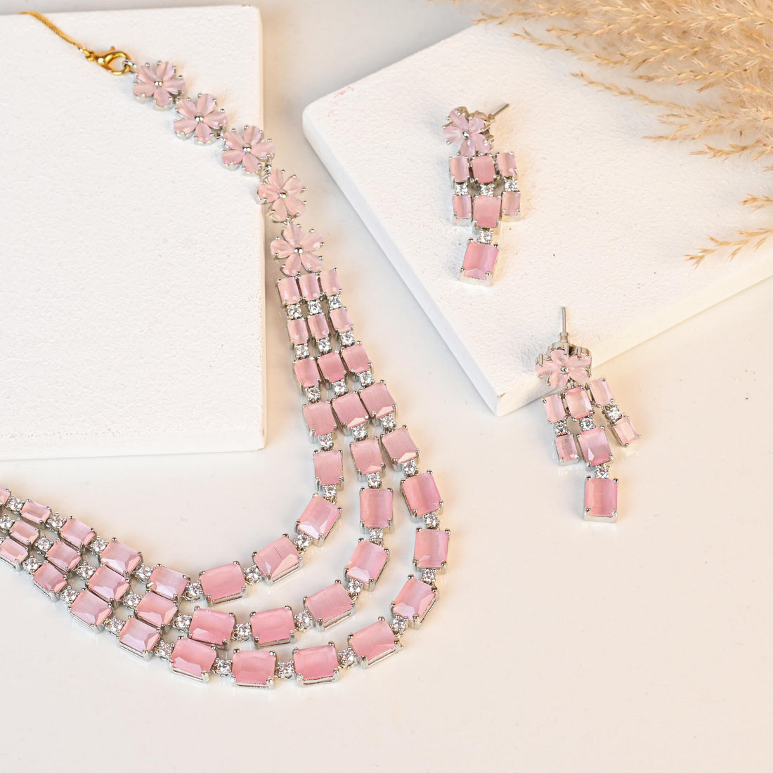 18K White Gold Plated Morganite Pink Gemstone Necklace Set |Octagon Cut Stones |Floral Layered Necklace & Earring Set | Wedding Gift For Her — 2