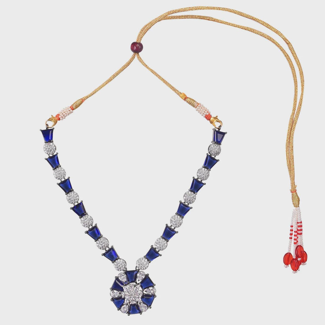Blue Sapphire Gemstone Necklace Set | Wedding Bridal Silver Tone Handmade Dainty | Party Earrings Statement Jewelry | Indian Wedding Set — 4