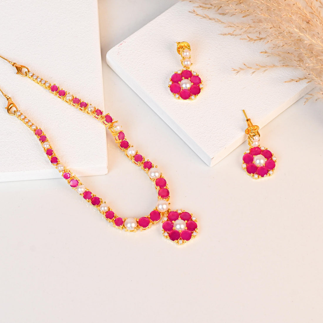 Gold Plated Ruby Pearl Floral Necklace | South Indian Lightweight Bridal Jewelry | Traditional Wedding Wear | Ruby Necklace | Gift for Her — 3