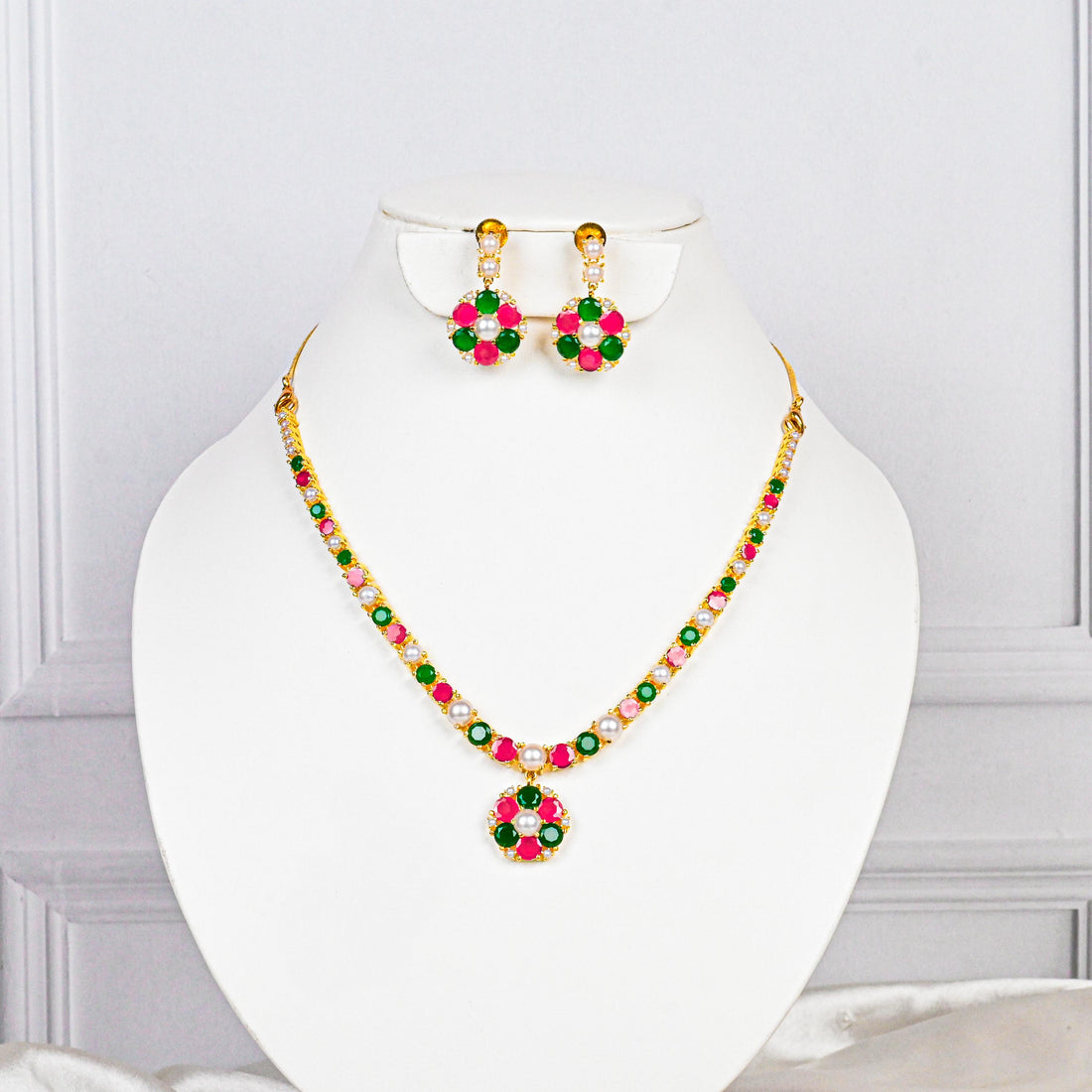Gold Plated Handmade Ruby Emerald Pearl Necklace Set | Traditional Ethnic Bridal Wedding Jewelry | Statement Necklace | Gift For Women — 1