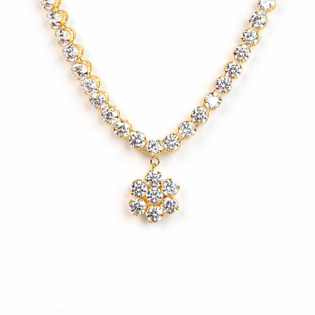 White CZ Diamond Necklace Set | Gold Plated Bridal Jewelry | Gift For Wife | Floral Necklace with Stud Earrings | Wedding Set — 4