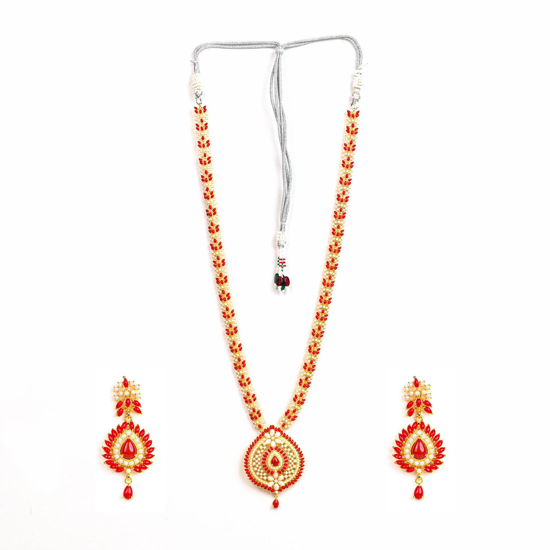 Coral and Pearl Long Necklace Set | Gold Plated Indian Jewelry | Wedding Jewelry Set | Traditional Bridal Jewelry Gift — 3