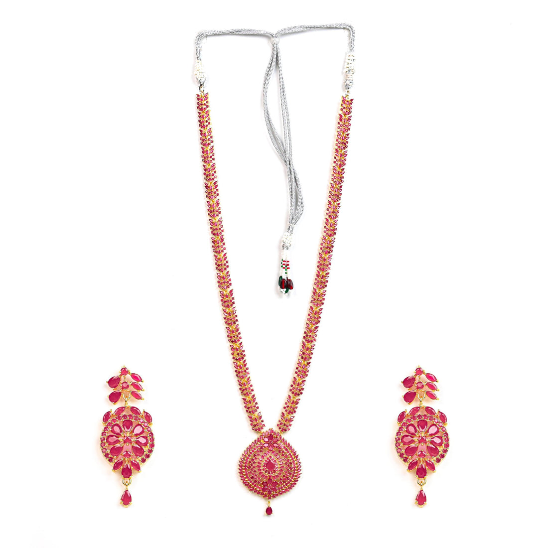 Handmade Wedding Ruby Long Necklace: 22k Gold Plated South Indian Gemstone Haaram with Earrings — 5
