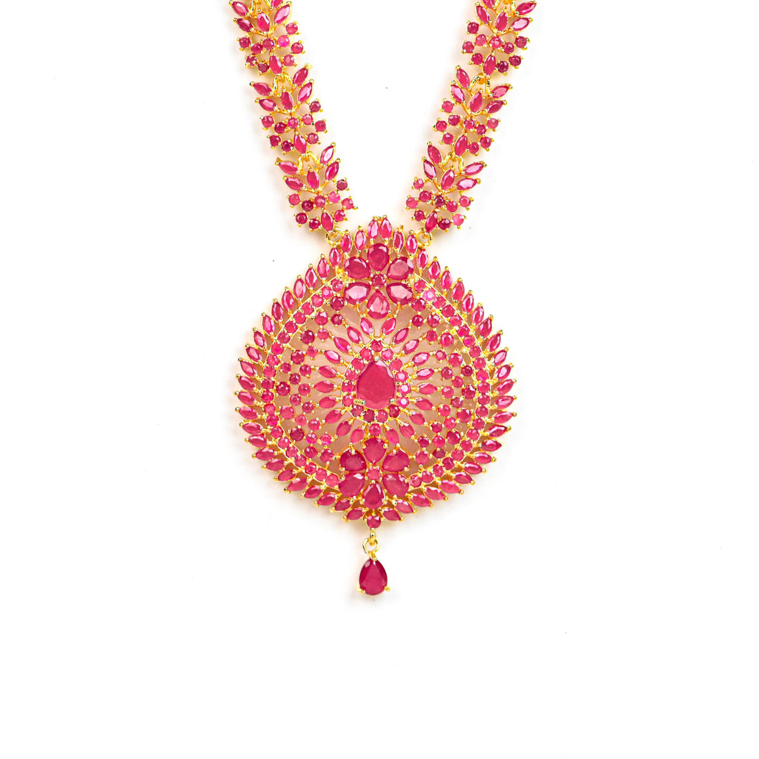 Handmade Wedding Ruby Long Necklace: 22k Gold Plated South Indian Gemstone Haaram with Earrings — 4