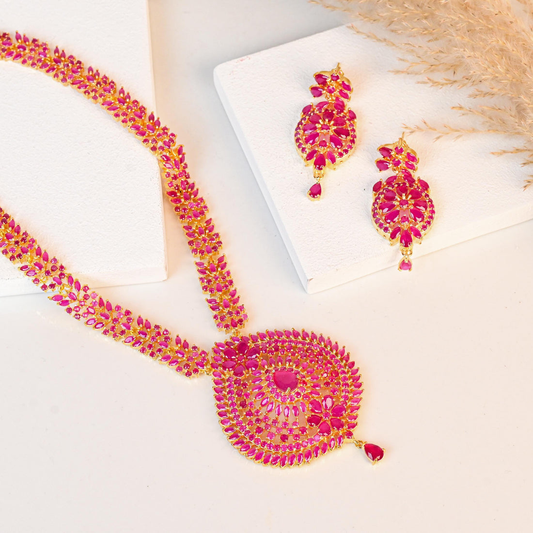 Handmade Wedding Ruby Long Necklace: 22k Gold Plated South Indian Gemstone Haaram with Earrings — 2