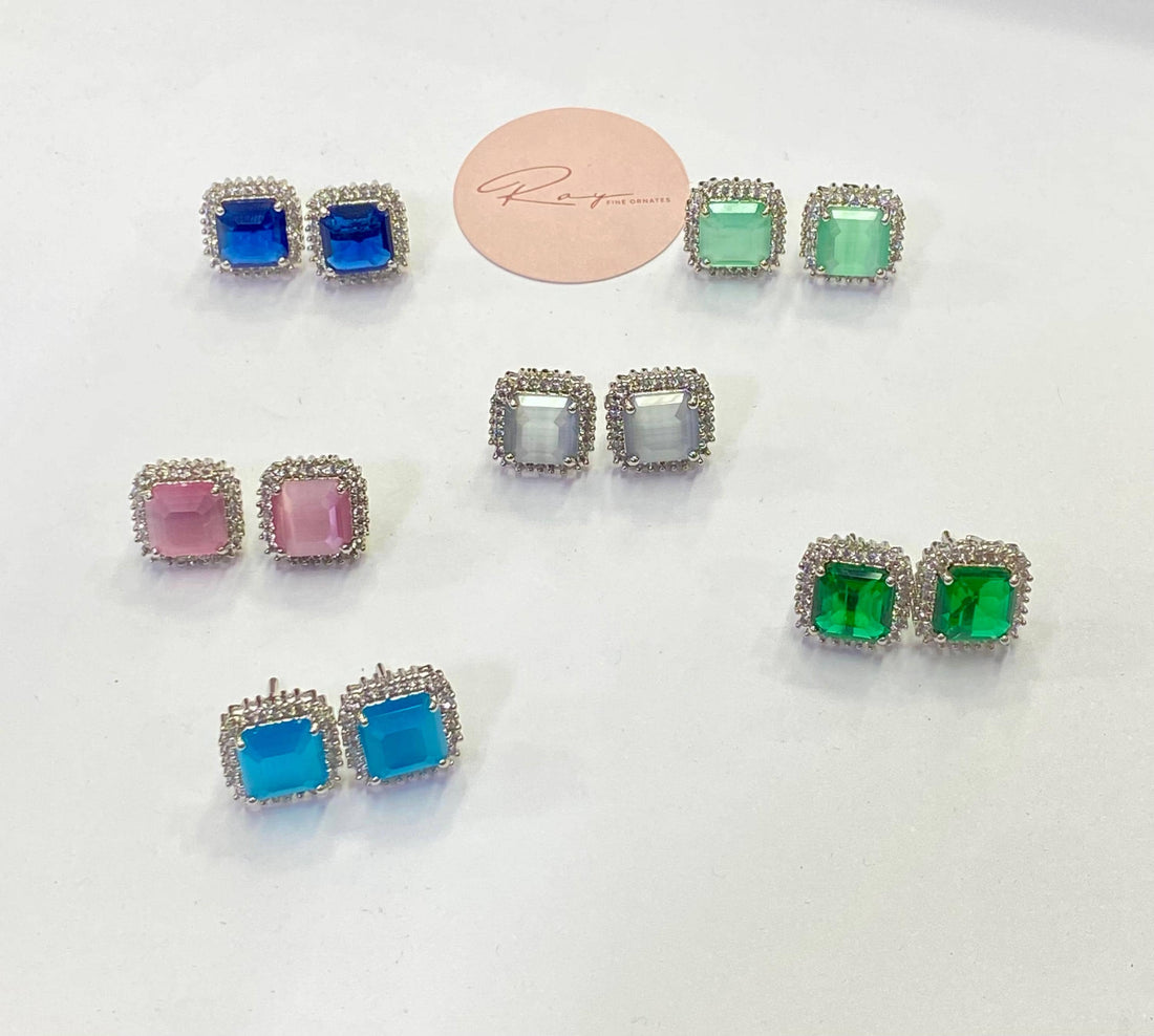 14K White Gold Plated CZ Stud Earrings | AAA Quality Square Cut | Minimalist Lightweight Earrings | Multiple Colors | Gift for Her — 2