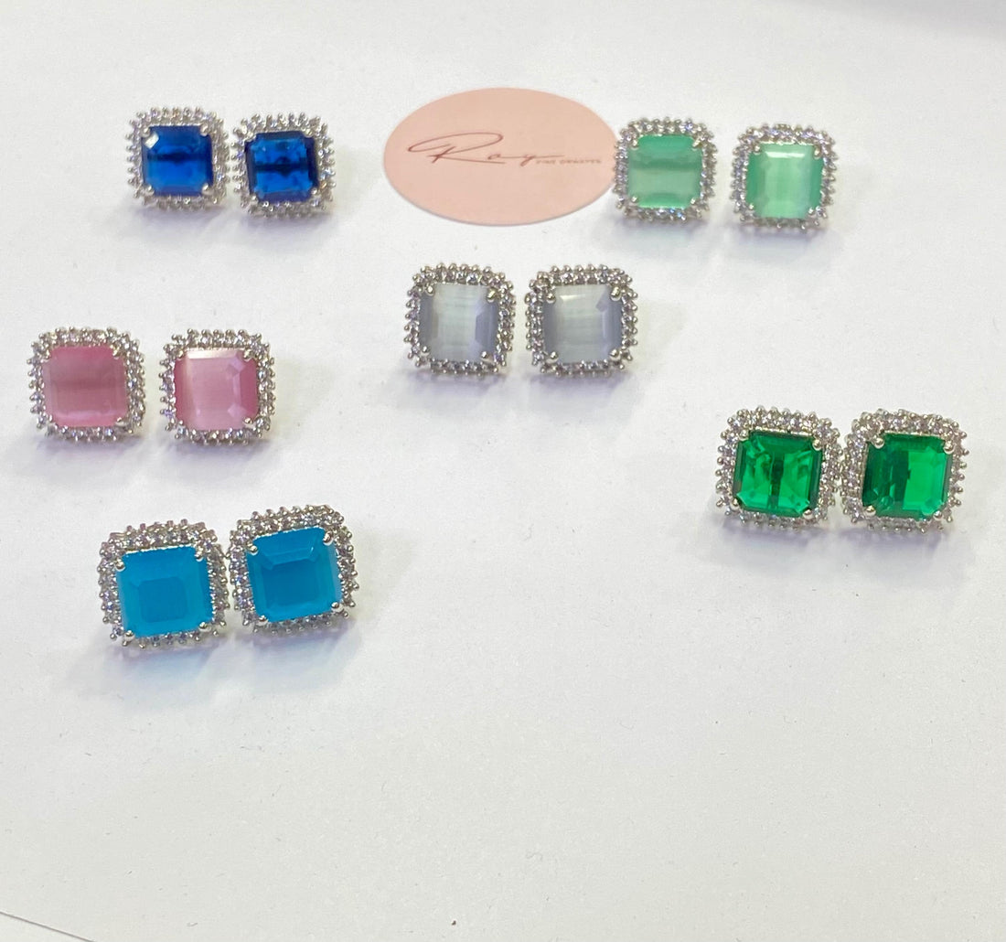 14K White Gold Plated CZ Stud Earrings | AAA Quality Square Cut | Minimalist Lightweight Earrings | Multiple Colors | Gift for Her — 1