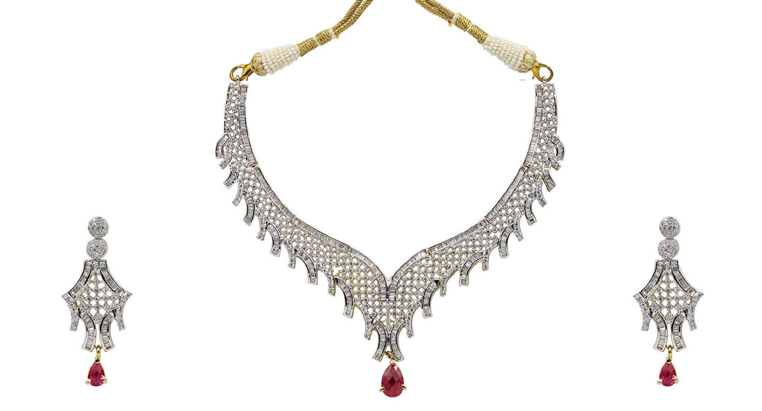 CZ Diamond Ruby Necklace Earrings Set | Gold Plated Evening Party Jewelry | Bridal Red Stone Choker | Gift For Women — 2